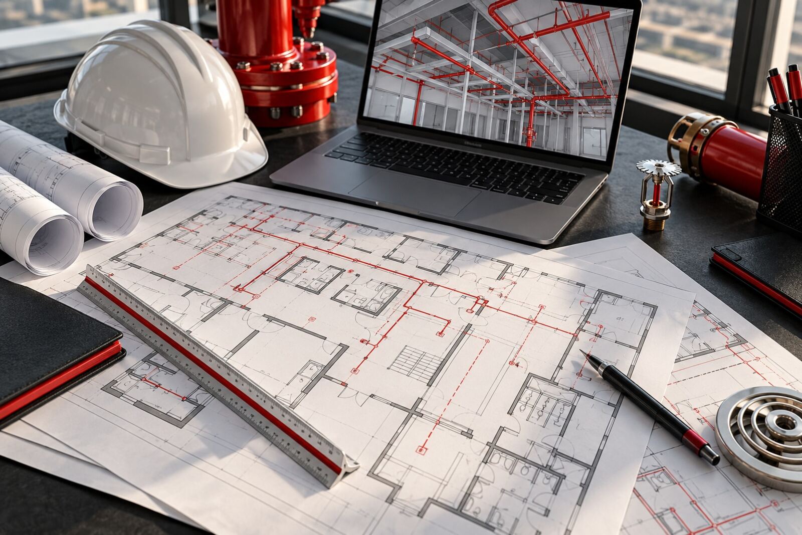 Planos de ingeniería contra incendio con casco y computadora