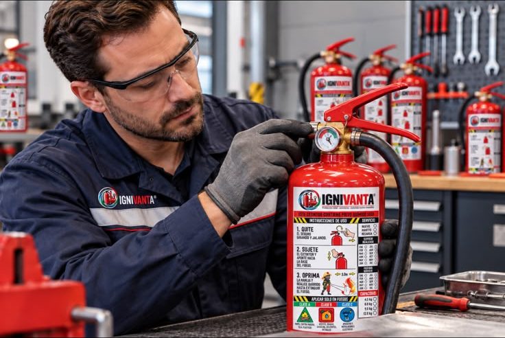 Técnico IGNIVANTA verificando el manómetro de un extintor